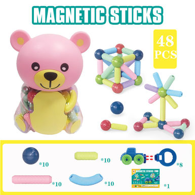 Magnetic rod + magnetic car 48PCS (big bear jar) building block educational toy