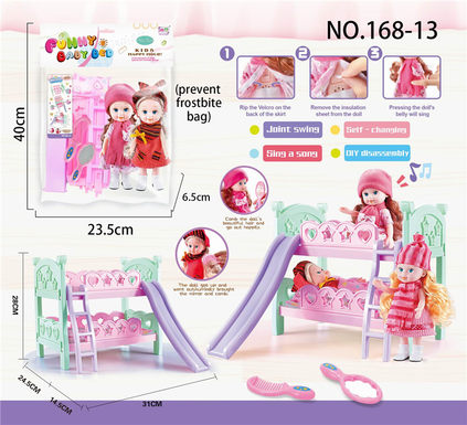 Pink bunk bed + 2 9-inch vocal dolls + comb / mirror
