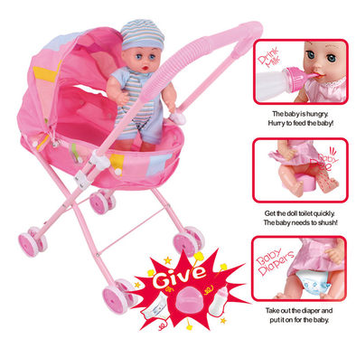 12 dolls + baby sunshade trolley (dolls drink water and pee, with bottles, toilets and diapers)