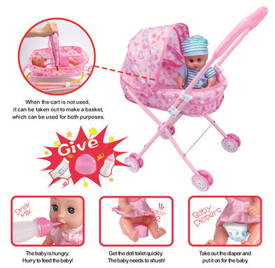 12 dolls + two-in-one baby sunshade trolley (dolls drink water to pee, with bottles, toilets and diapers)