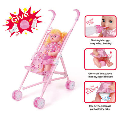 Baby stroller + 14 dolls (baby drink water to pee, with bottle, toilet and diaper)