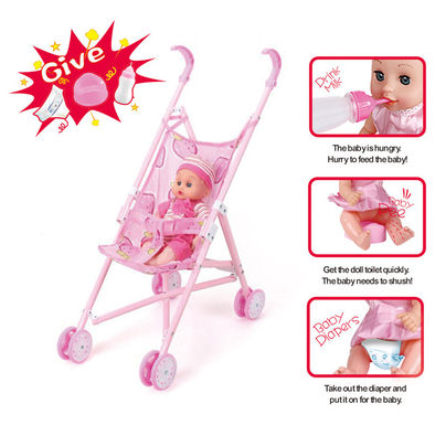Baby stroller + 12 dolls (baby drink water to pee, with bottle, toilet and diaper)