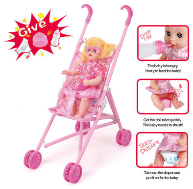 Plastic stroller + 14 dolls (dolls drink water to pee, with bottles, toilets and diapers)