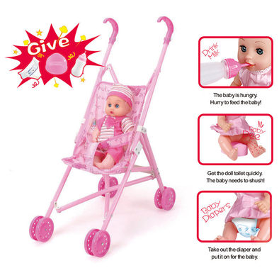 Stroller + 12 dolls (plastic) (dolls drink water to pee, with bottles, toilets and diapers)