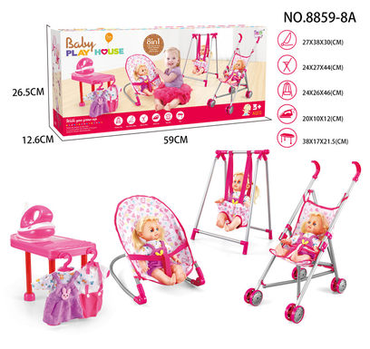 Combined four-piece set (iron trolley, swing, rocking chair, ironing board) + 14IC doll