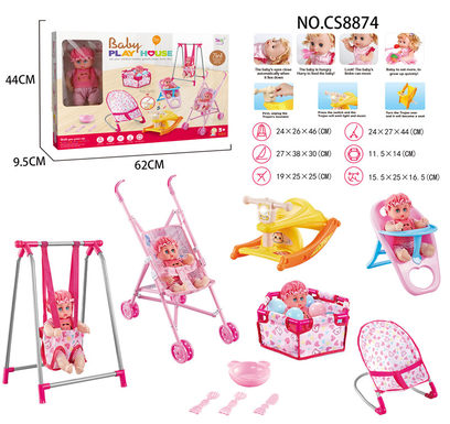 Set of 7 pieces (swing, rocking chair, plastic dining chair, plastic cart, wooden carriage, fence, ocean ball 6) + 12 dolls (with cutlery)