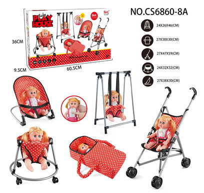Combination of five-piece set (plastic trolley, swing, rocking chair, walker, hand basket) + 14IC doll