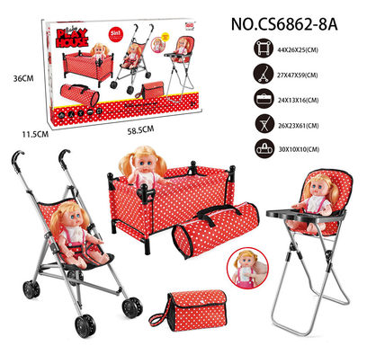 Combination of five-piece set (plastic cart, bed, dining chair, schoolbag, handbag) + 14IC doll