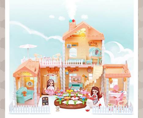 The girl passed every toy house with lights on the roof and chimneys with spray and lights + 2 4.5-inch joint dolls.