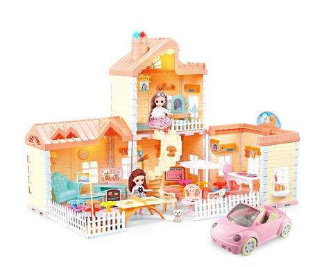 Self-installed villa house roof with lighting chimney with spray and light + 4.5-inch joint doll 2 toys over the house
