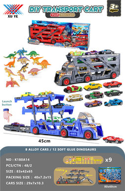 Folding ejection container truck with alloy car 8 dinosaurs 12 map 1 road sign 9 pieces