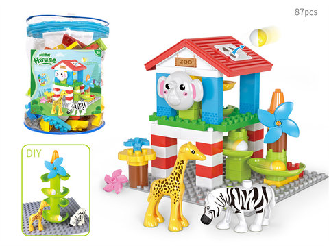 Elephant Zoo ball slide is compatible with Lego assembled large particle building blocks, children's desktop stacking music educational toys (87PCS)