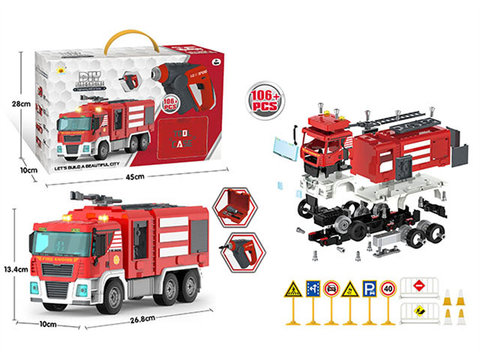 Inertial sound and light disassembly engineering fire truck with electric sound and light screwdriver (106 PCS)