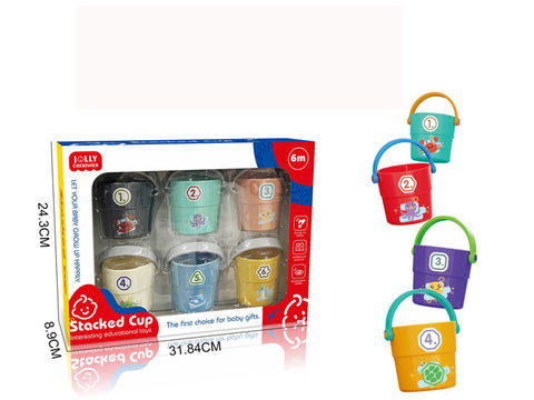 Bathroom stacked music buckets and paddling toys