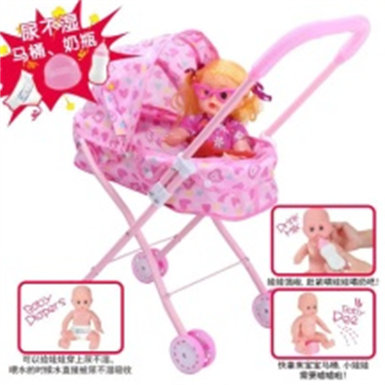 14 dolls + baby sunshade trolley passing toys (dolls drink water to pee, with bottles, toilets and diapers)