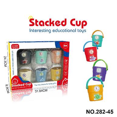 Bathroom stacked music buckets and paddling toys