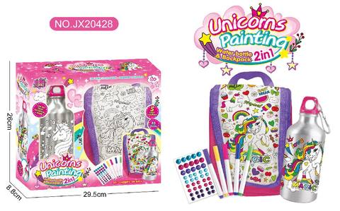 Unicorn Series-2 in 1 graffiti water bottle + handbag (500ML water bottle, 5 color watercolor pen, 1 piece of diamond sticker)