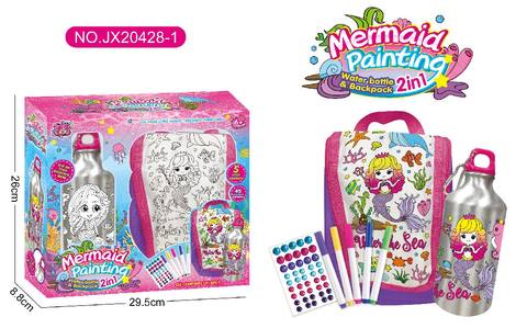 Mermaid Series-2 in 1 graffiti water bottle + handbag (500ML water bottle, 5 color watercolor pen, 1 piece of diamond sticker)