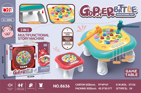 Gopher lights, music, rotating game tables, electric toys