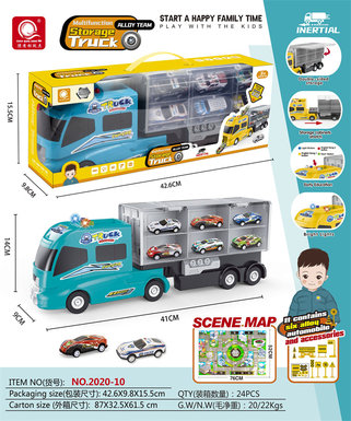 Chen Qingsong educational toys electric inertia light blue storage truck (with 6 alloy cars + 1 map + 1 set of road signs)