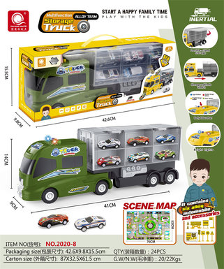 Chen Qingsong educational toys electric inertial army green storage truck (with 6 alloy cars + 1 map + 1 set of road signs)