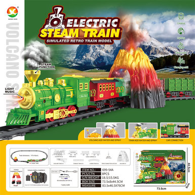 Classical steam rechargeable rail train toys electric toys (train simulation sound, with spray + volcano simulation sound, with colorful lights)