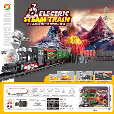 Classical steam rechargeable rail train toys electric toys (train simulation sound, with spray + volcano simulation sound, with colorful lights)