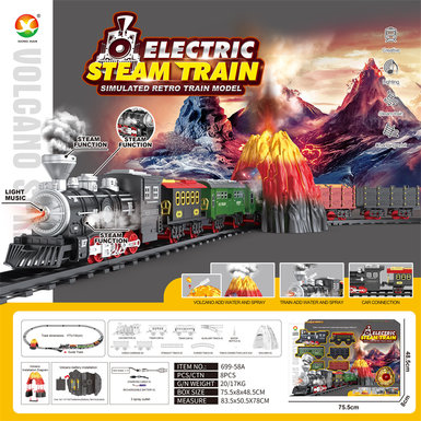 Classical steam rechargeable rail train toys electric toys (train simulation sound, with spray + volcano simulation sound, with colorful lights)