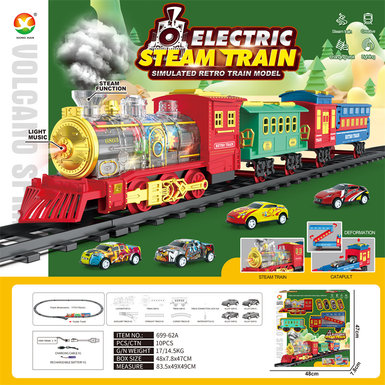 Classical steam transparent 7 color wheel rechargeable rail train toys electric toys (train simulation sound, with spray, with ejection function)
