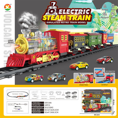 Classical steam transparent 7 color wheel rechargeable rail train toys electric toys (train simulation sound, with spray, with ejection function)