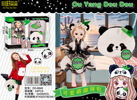 Pandas with bags, dolls, dolls